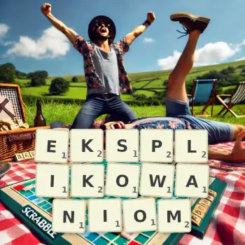 Kreatywna ilustracja do gry w Scrabble ze słowem EKSPLIKOWANIOM ułożonym z płytek na planszy.