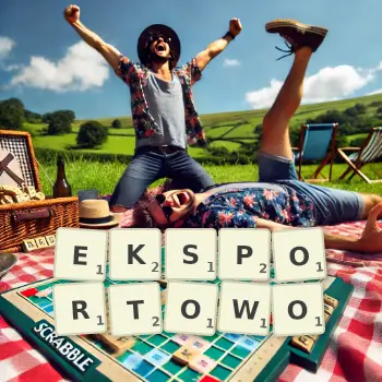 Kreatywna ilustracja do gry w Scrabble ze słowem EKSPORTOWO ułożonym z płytek na planszy.