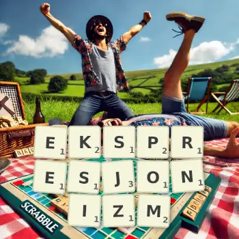 Kreatywna ilustracja do gry w Scrabble ze słowem EKSPRESJONIZM ułożonym z płytek na planszy.
