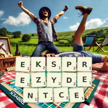 Kreatywna ilustracja do gry w Scrabble ze słowem EKSPREZYDENTCE ułożonym z płytek na planszy.