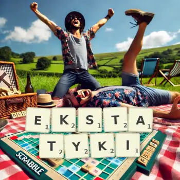 Kreatywna ilustracja do gry w Scrabble ze słowem EKSTATYKI ułożonym z płytek na planszy.