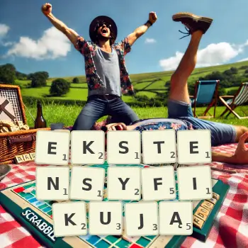 Kreatywna ilustracja do gry w Scrabble ze słowem EKSTENSYFIKUJĄ ułożonym z płytek na planszy.