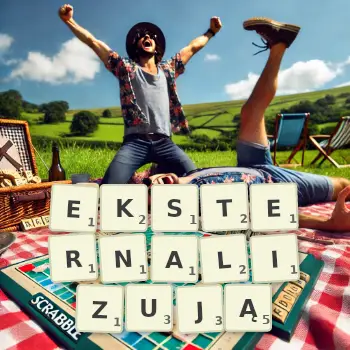 Kreatywna ilustracja do gry w Scrabble ze słowem EKSTERNALIZUJĄ ułożonym z płytek na planszy.
