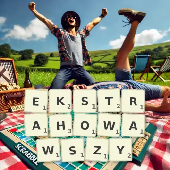 Kreatywna ilustracja do gry w Scrabble ze słowem EKSTRAHOWAWSZY ułożonym z płytek na planszy.