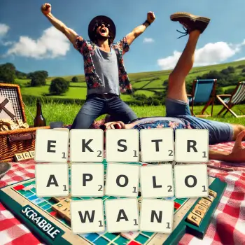 Kreatywna ilustracja do gry w Scrabble ze słowem EKSTRAPOLOWAN ułożonym z płytek na planszy.