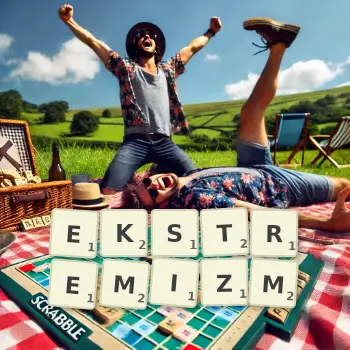 Kreatywna ilustracja do gry w Scrabble ze słowem EKSTREMIZM ułożonym z płytek na planszy.