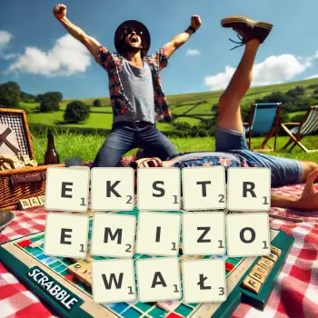 Kreatywna ilustracja do gry w Scrabble ze słowem EKSTREMIZOWAŁ ułożonym z płytek na planszy.