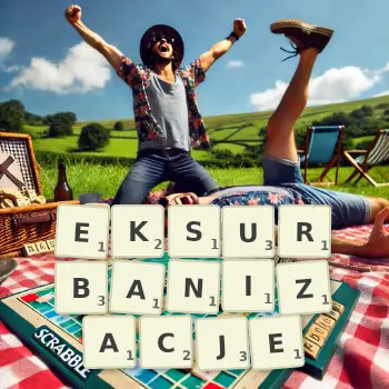 Kreatywna ilustracja do gry w Scrabble ze słowem EKSURBANIZACJE ułożonym z płytek na planszy.