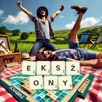 Kreatywna ilustracja do gry w Scrabble ze słowem EKSŻONY ułożonym z płytek na planszy.