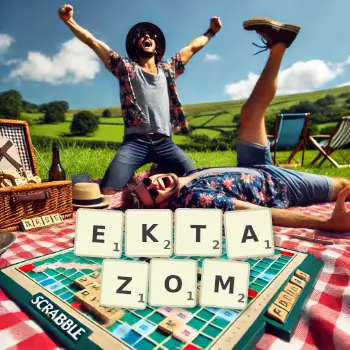 Kreatywna ilustracja do gry w Scrabble ze słowem EKTAZOM ułożonym z płytek na planszy.