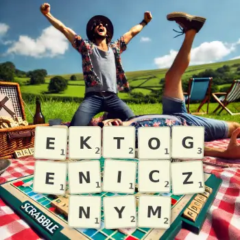 Kreatywna ilustracja do gry w Scrabble ze słowem EKTOGENICZNYM ułożonym z płytek na planszy.