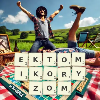 Kreatywna ilustracja do gry w Scrabble ze słowem EKTOMIKORYZOM ułożonym z płytek na planszy.