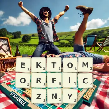 Kreatywna ilustracja do gry w Scrabble ze słowem EKTOMORFICZNY ułożonym z płytek na planszy.