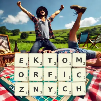 Kreatywna ilustracja do gry w Scrabble ze słowem EKTOMORFICZNYCH ułożonym z płytek na planszy.