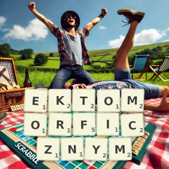 Kreatywna ilustracja do gry w Scrabble ze słowem EKTOMORFICZNYM ułożonym z płytek na planszy.