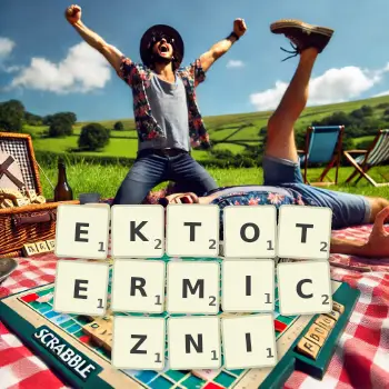 Kreatywna ilustracja do gry w Scrabble ze słowem EKTOTERMICZNI ułożonym z płytek na planszy.