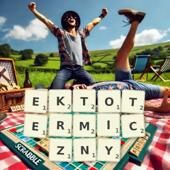 Kreatywna ilustracja do gry w Scrabble ze słowem EKTOTERMICZNY ułożonym z płytek na planszy.