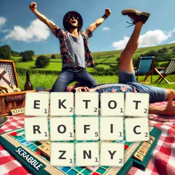 Kreatywna ilustracja do gry w Scrabble ze słowem EKTOTROFICZNY ułożonym z płytek na planszy.