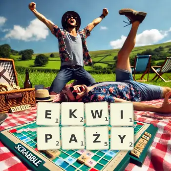 Kreatywna ilustracja do gry w Scrabble ze słowem EKWIPAŻY ułożonym z płytek na planszy.
