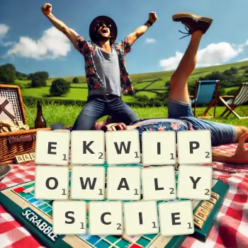 Kreatywna ilustracja do gry w Scrabble ze słowem EKWIPOWALYSCIE ułożonym z płytek na planszy.