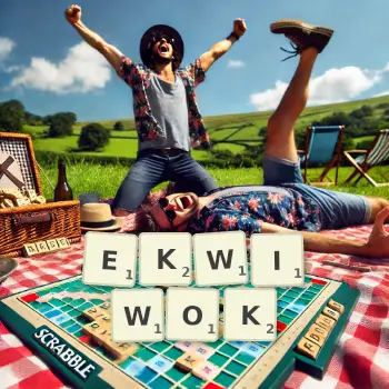Kreatywna ilustracja do gry w Scrabble ze słowem EKWIWOK ułożonym z płytek na planszy.