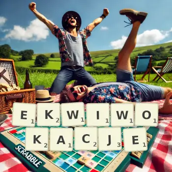 Kreatywna ilustracja do gry w Scrabble ze słowem EKWIWOKACJE ułożonym z płytek na planszy.