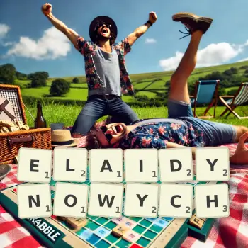 Kreatywna ilustracja do gry w Scrabble ze słowem ELAIDYNOWYCH ułożonym z płytek na planszy.