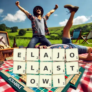 Kreatywna ilustracja do gry w Scrabble ze słowem ELAJOPLASTOWI ułożonym z płytek na planszy.