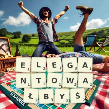 Kreatywna ilustracja do gry w Scrabble ze słowem ELEGANTOWAŁBYŚ ułożonym z płytek na planszy.