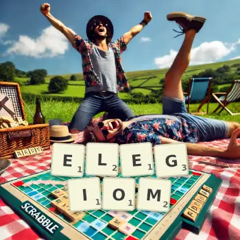 Kreatywna ilustracja do gry w Scrabble ze słowem ELEGIOM ułożonym z płytek na planszy.