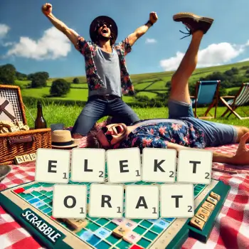 Kreatywna ilustracja do gry w Scrabble ze słowem ELEKTORAT ułożonym z płytek na planszy.