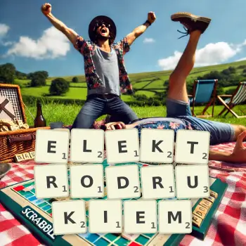 Kreatywna ilustracja do gry w Scrabble ze słowem ELEKTRODRUKIEM ułożonym z płytek na planszy.