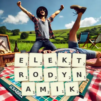 Kreatywna ilustracja do gry w Scrabble ze słowem ELEKTRODYNAMIK ułożonym z płytek na planszy.