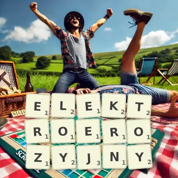 Kreatywna ilustracja do gry w Scrabble ze słowem ELEKTROEROZYJNY ułożonym z płytek na planszy.