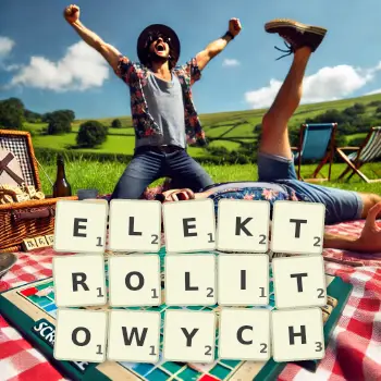 Kreatywna ilustracja do gry w Scrabble ze słowem ELEKTROLITOWYCH ułożonym z płytek na planszy.