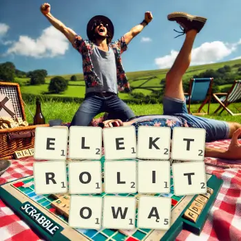 Kreatywna ilustracja do gry w Scrabble ze słowem ELEKTROLITOWĄ ułożonym z płytek na planszy.