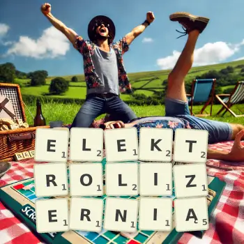 Kreatywna ilustracja do gry w Scrabble ze słowem ELEKTROLIZERNIĄ ułożonym z płytek na planszy.