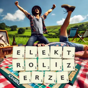 Kreatywna ilustracja do gry w Scrabble ze słowem ELEKTROLIZERZE ułożonym z płytek na planszy.