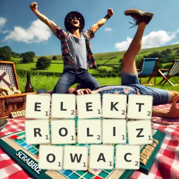 Kreatywna ilustracja do gry w Scrabble ze słowem ELEKTROLIZOWAC ułożonym z płytek na planszy.