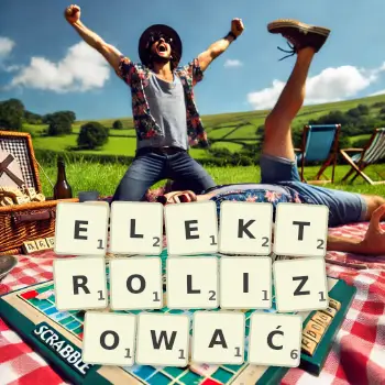 Kreatywna ilustracja do gry w Scrabble ze słowem ELEKTROLIZOWAĆ ułożonym z płytek na planszy.