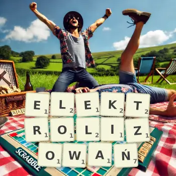 Kreatywna ilustracja do gry w Scrabble ze słowem ELEKTROLIZOWAŃ ułożonym z płytek na planszy.