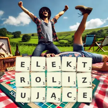 Kreatywna ilustracja do gry w Scrabble ze słowem ELEKTROLIZUJĄCE ułożonym z płytek na planszy.