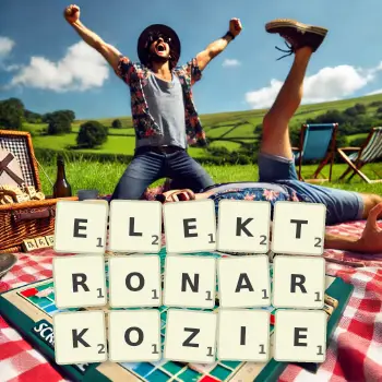 Kreatywna ilustracja do gry w Scrabble ze słowem ELEKTRONARKOZIE ułożonym z płytek na planszy.