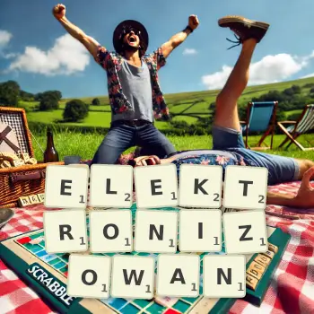 Kreatywna ilustracja do gry w Scrabble ze słowem ELEKTRONIZOWAN ułożonym z płytek na planszy.