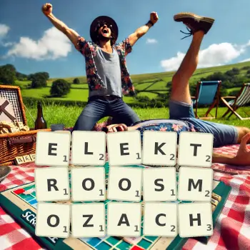 Kreatywna ilustracja do gry w Scrabble ze słowem ELEKTROOSMOZACH ułożonym z płytek na planszy.