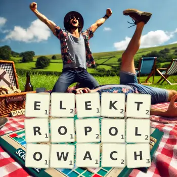 Kreatywna ilustracja do gry w Scrabble ze słowem ELEKTROPOLOWACH ułożonym z płytek na planszy.