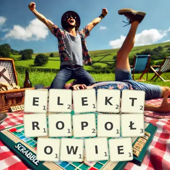 Kreatywna ilustracja do gry w Scrabble ze słowem ELEKTROPOŁOWIE ułożonym z płytek na planszy.