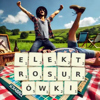 Kreatywna ilustracja do gry w Scrabble ze słowem ELEKTROSURÓWKI ułożonym z płytek na planszy.
