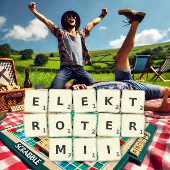 Kreatywna ilustracja do gry w Scrabble ze słowem ELEKTROTERMII ułożonym z płytek na planszy.