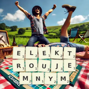 Kreatywna ilustracja do gry w Scrabble ze słowem ELEKTROUJEMNYM ułożonym z płytek na planszy.